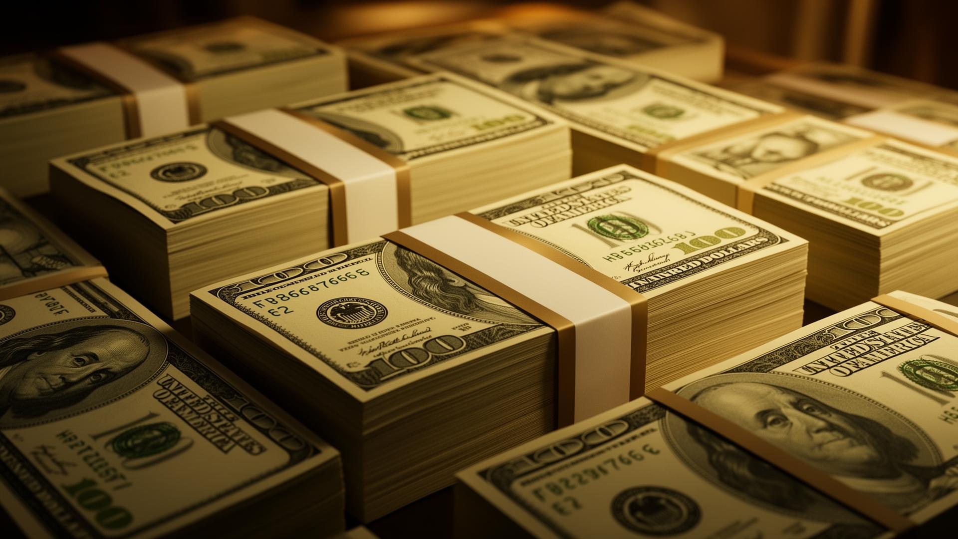 Stacks of US one hundred dollar bills